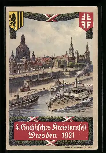 Künstler-AK Dresden, 4. Sächsisches Kreisturnfest 1921, Dampfer am Elbeufer, Blick zur Frauenkirche