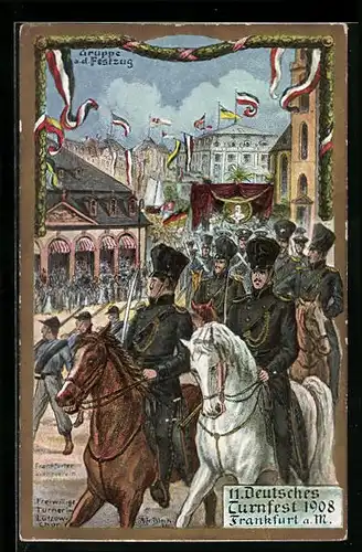 Künstler-AK Frankfurt am Main, Gruppe auf dem Festzug, 11 Deutsches Turnfest 1908