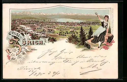 Vorläufer-Lithographie Zürich, 1895, Gesamtansicht mit Fluss, See und Bergen, Zürcherin im Dirndl