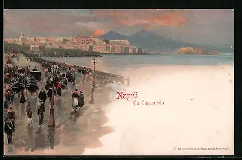 Lithographie Napoli, Via Caracciolo bei Sonnenuntergang