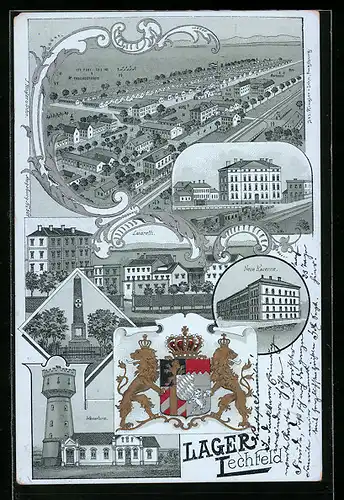 Lithographie Lager Lechfeld, Gesamtansicht aus der Vogelschau, Lazarett, Wasserturm, Wappen, Denkmal