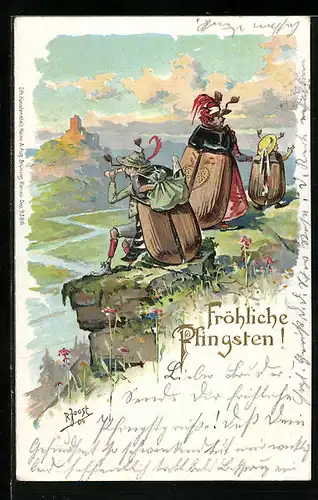 Präge-Lithographie Maikäferfamilie geniesst den Ausblick bei einer Wanderung, Pfingstgruss