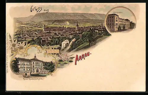 Lithographie Aarau, Neue Kaserne, Neue Kantonschule, Panorama