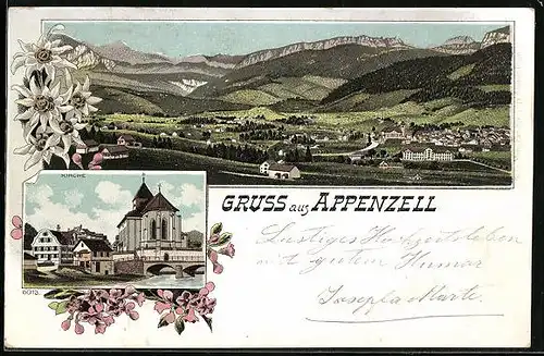 Lithographie Appenzell, Kirche im Ortsbild, Panorama