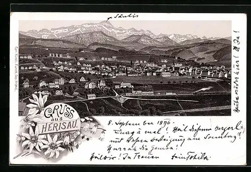 Lithographie Herisau, Ortsansicht gegen Säntis