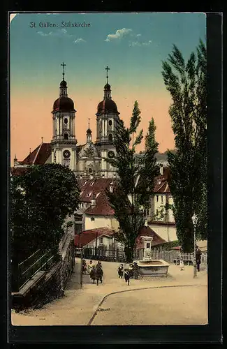 AK St. Gallen, Stiftskirche mit Brunnen