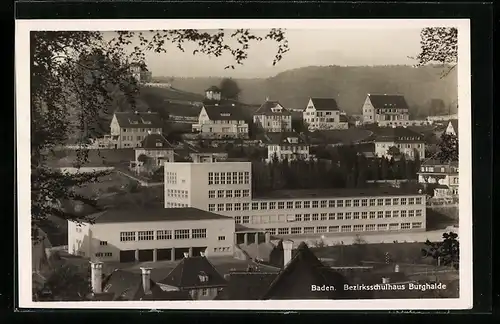 AK Baden, Bezirksschulhaus Burghalde aus der Vogelschau