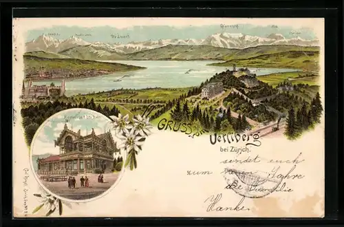 Lithographie Uetliberg bei Zürich, Restaurant Uto Kulm, Panorama