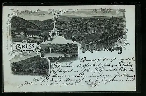 Mondschein-Lithographie St. Andreasberg, Gasthaus Schluft, Oderhaus, Ortsansicht aus der Vogelschau