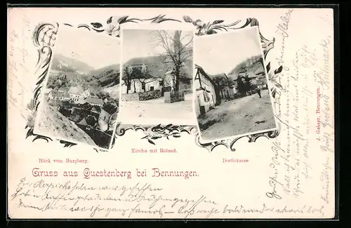 AK Questenberg b. Bennungen, Dorfstrasse, Kirche mit Roland, Blick vom Burgberg