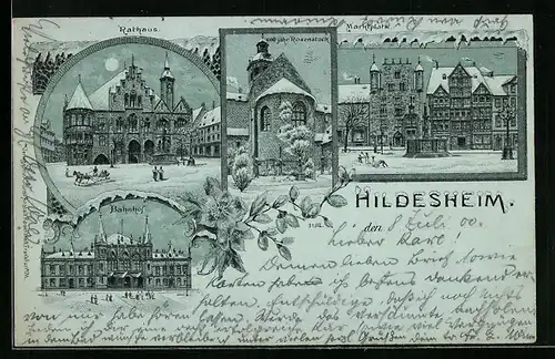 Winter-Lithographie Hildesheim, Bahnhof, Rathaus, Marktplatz