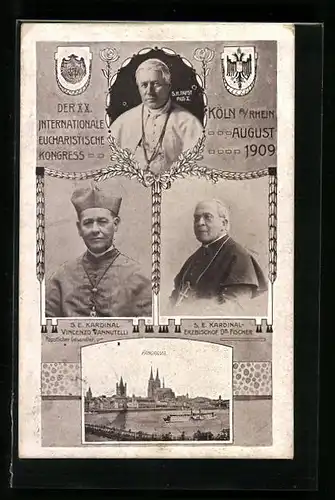 AK Köln, Eucharistischer Kongress 1909, Papst Pius X., Panorama, Wappen