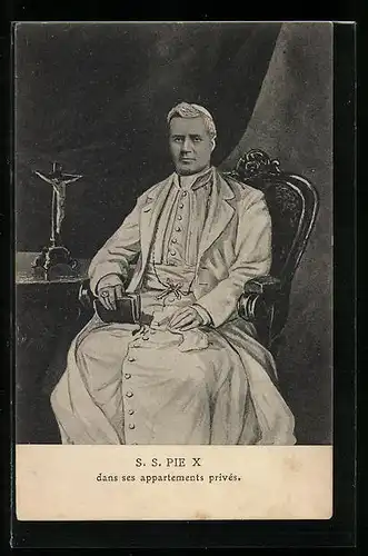 AK Papst Pius X. neben einem Kruzifix