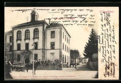 AK Colombier, Rue du College, mit Kindergruppe und Pferdewagen