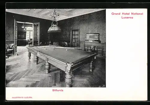 AK Luzern, Grand Hotel National, Billard-Salon mit Blick ins Nebenzimmer