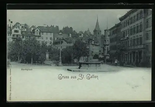 Mondschein-AK St. Gallen, Marktplatz mit Brunnen