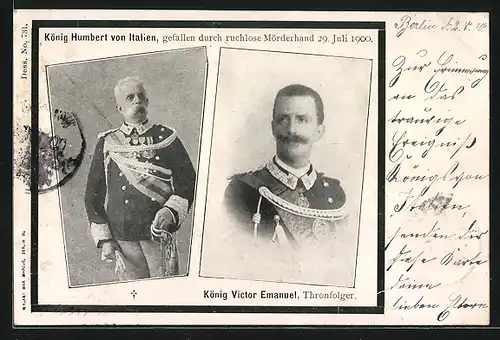 AK Trauerkarte mit König Umberto von Italien und seinem Nachfolger König Victor Emanuel