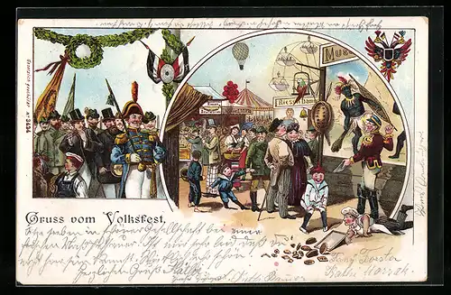 Lithographie Szenen auf dem Festplatz eines Volksfestes