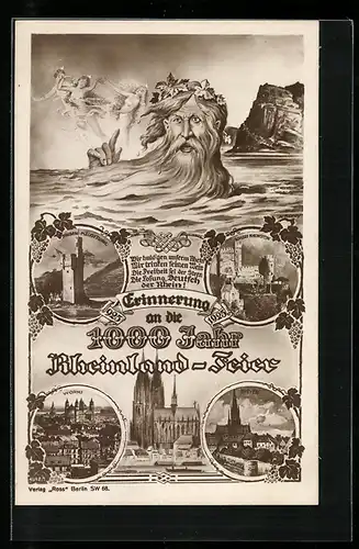 AK Bingen, 1000 Jahr Rheinland-Feier 1925, Mäuseturm, Speyer, Schloss Rheinstein, Vater Rhein