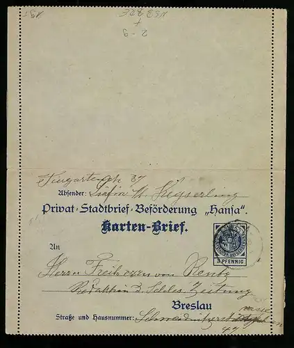 Klapp-AK Breslau, Privat-Stadtbrief-Beförderung Hansa, Karten-Brief, Private Stadtpost