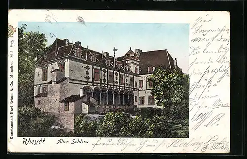 Goldfenster-AK Rheydt, Altes Schloss mit leuchtenden Fenstern