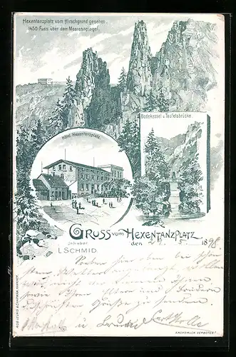 Künstler-AK Thale, Hotel Hexentanzplatz, Bodekessel und Teufelsbrücke