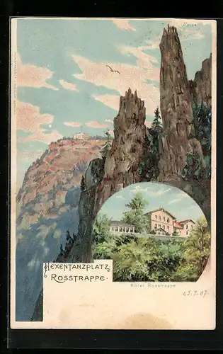 Lithographie Thale, Hotel Rosstrappe, Blick auf die Rosstrappe