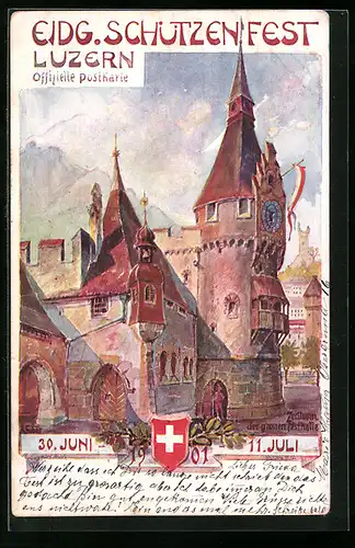 Künstler-AK Luzern, Eidgenössisches Schützenfest Juli 1911, Rathaus und Stadtwappen