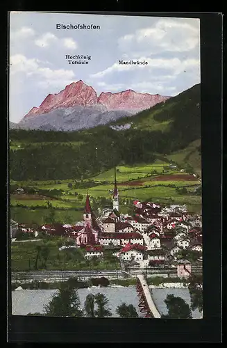 AK Bischofshofen, Ortsansicht mit Hochkönig Torsäule und Madlwände