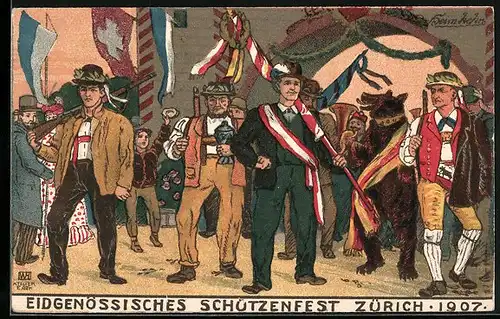 Künstler-AK Zürich, Eidgenössisches Schützenfest 1907, Schützen mit Fahne