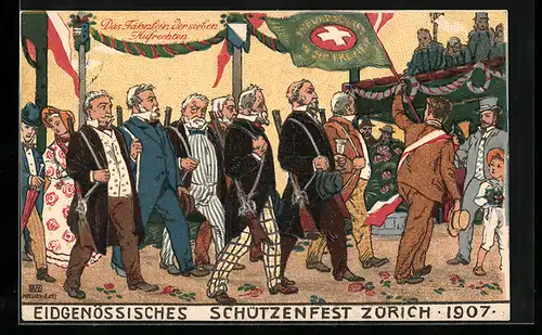 Künstler-AK Zürich, Eidgenössisches Schützenfest 1907, Das Fähnlein der sieben Aufrechten