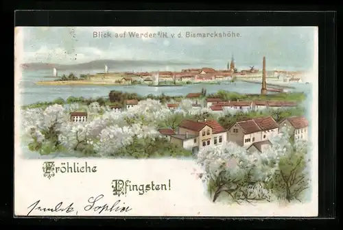 Lithographie Werder a. H., Panoramablick von der Bismarckshöhe, Pfingstgruss