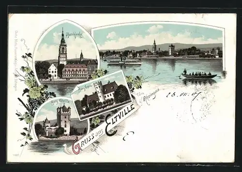 Lithographie Eltville /Rheingau, Pfarrkirche, Burgen Eltville und Gross, Panorama