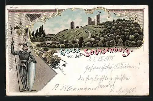 Lithographie Sachsenburg, Ortsansicht und Ritter mit Lanze