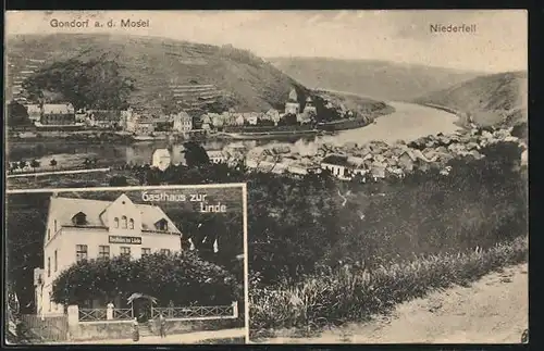 AK Gondorf a. d. Mosel, Niederfell, Ortsansicht aus der Vogelschau, Gasthaus zur Linde