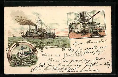 Lithographie Kriegsschiffe bei Friedrichsort