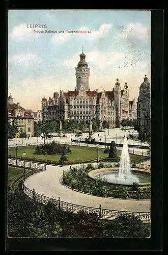 AK Leipzig, Neues Rathaus und Tauchnitzbrücke