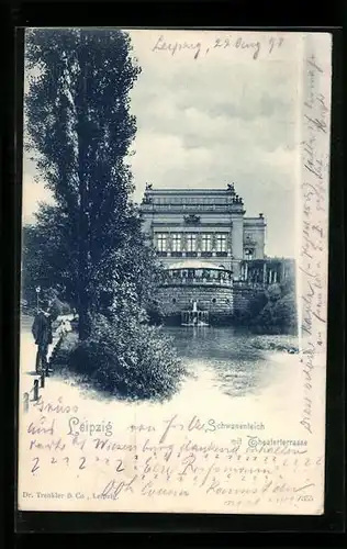 AK Leipzig, Schwanenteich mit Theaterterrasse