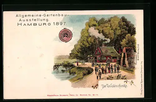 Lithographie Hamburg, Allgemeine Gartenbau Ausstellung 1897, Zur Waldschenke