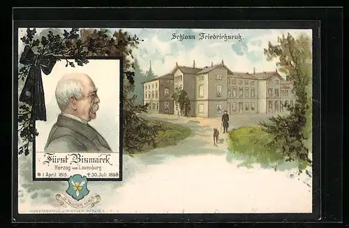 Lithographie Fürst Otto von Bismarck im Seitenporträt, Blick auf Schloss Friedrichsruh, Erinnerung an seinen Tod 1898