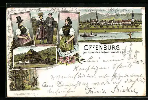 Lithographie Titisee, Panorama, Schwalzwälder Volkstrachten & Bauernhaus