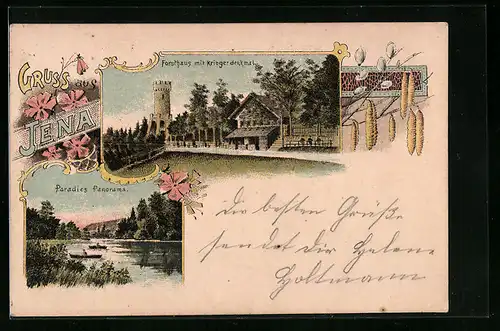 Lithographie Jena, Paradies Panorama, Gasthaus Forsthaus mit Kriegerdenkmal