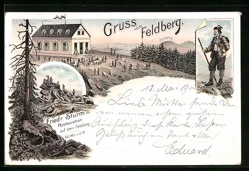 Lithographie Feldberg im Taunus, Brunhilden Felsen, Restaurant v. Fr. Sturm