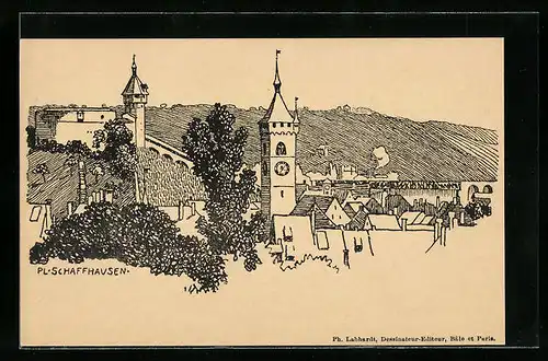 Künstler-AK Schaffhausen, Ortsansicht mit Kirche