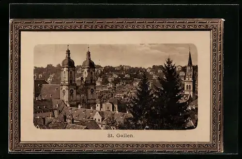 Präge-AK St. Gallen, Blick auf die Dächerlandschaft mit verziertem Rahmen