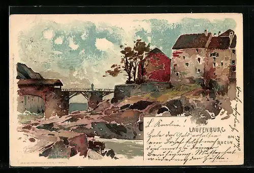 Künstler-AK Laufenburg, Ortspartie mit Brücke