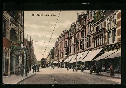 AK Leicester, High Street, Strassenbahn