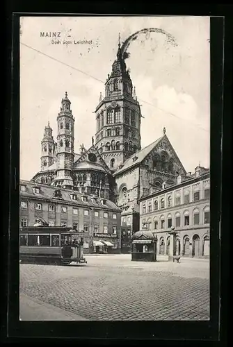 AK Mainz, Dom vom Leichhof, Strassenbahn