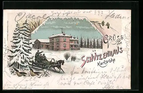 Winter-Lithographie Karlsruhe, Gasthaus Schützenhof mit Pferdeschlitten im Winter