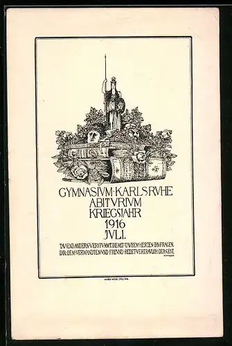 Künstler-AK Karlsruhe, Gymnasium Abiturium, 1916